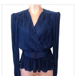 Vintage 70s 80s Disco Plisse Pleat Navy Wrap Blouse